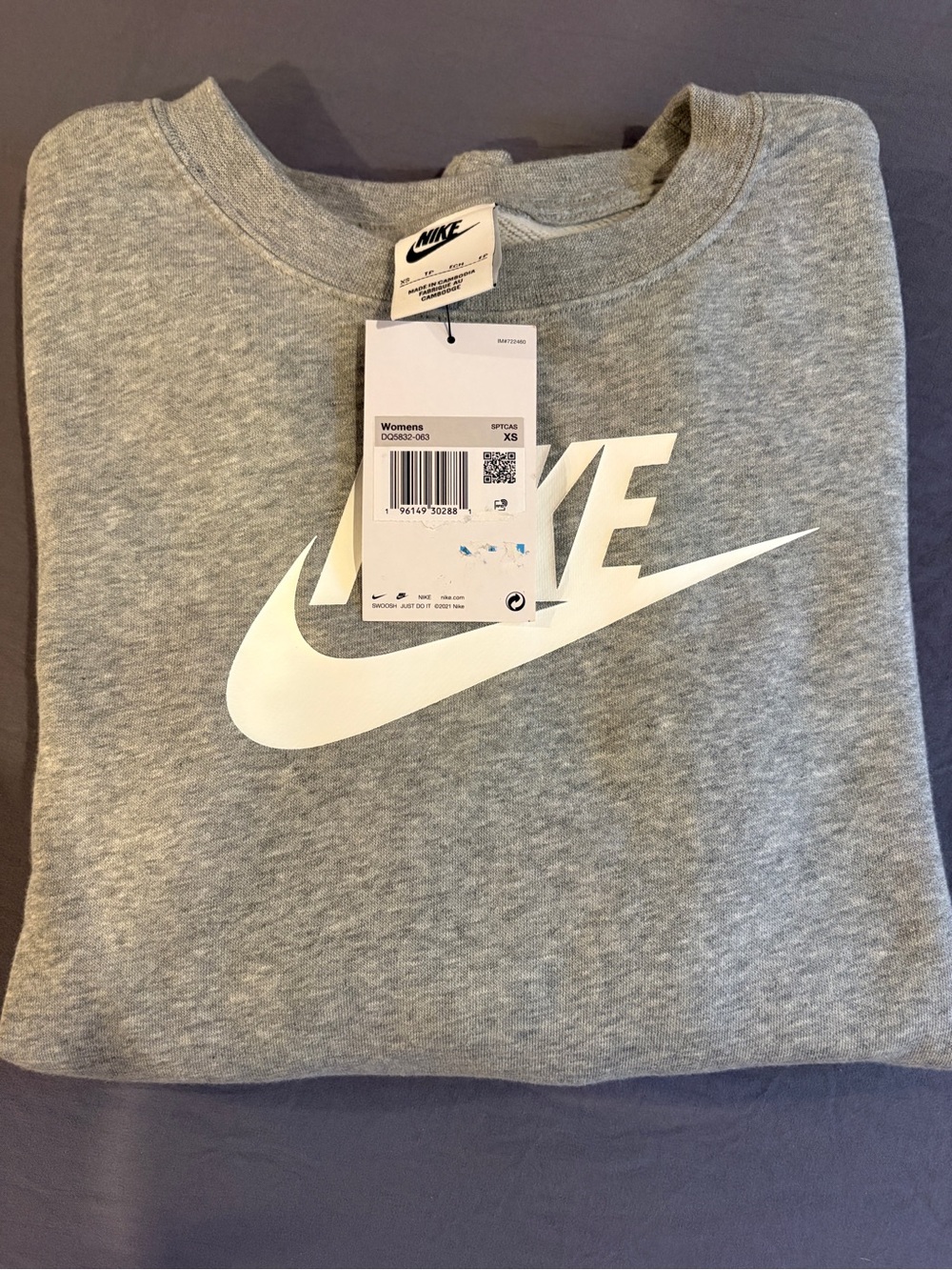 Nike Women’s Grey Crewneck Sweatshirt with White Swoosh